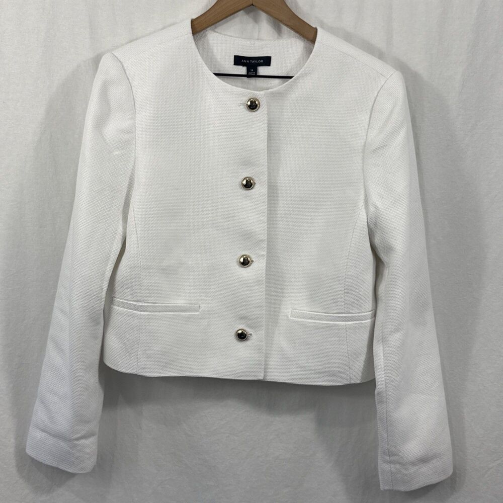 Ann Taylor Cropped Crewneck White Blazer Jacket Womens Sz 10 Career Office